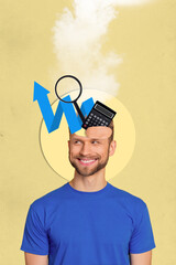 Poster - Artwork magazine collage picture of thoughtful smiling guy having working growth idea isolated drawing background
