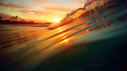 Canvas Print - The sun is setting behind a wave in the ocean