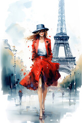 Wall Mural - Nostalgia for old Paris: Watercolor image of a beautiful French woman near the Eiffel Tower