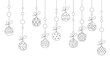 © el_mirik_design - Christmas balls in the form of a garland hanging on a rope. Doodle vector black and white clipart illustration.