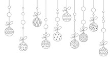 Christmas Balls In The Form Of A Garland Hanging On A Rope. Doodle Vector Black And White Clipart Illustration.