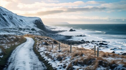 Wall Mural - snow winter road ocean landscape illustration cold icy, water sky, beach sea snow winter road ocean 