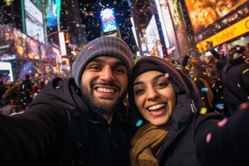 Wall Mural - A couple celebrating new year in big city taking selfie