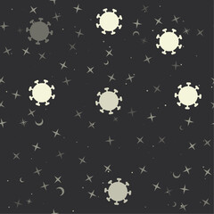 Poster - Seamless pattern with stars, coronavirus symbols on black background. Night sky. Vector illustration on black background