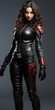 © www.freund-foto.de - Sexy Frau im rot schwarzen Cat Woman Leder Motorrad Outfit im Hochformat für Banner, ai generativ
