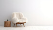 Interior of a empty minimal modern white room with fur armchair. Boho style. Copy space. Generative AI