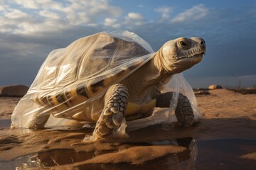 Poster - A plastic bag creation of a wise tortoise moving through a peaceful desert, symbolizing the resilience of nature in the face of plastic pollution.
