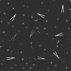Poster - Seamless pattern with stars, compass dividers on black background. Night sky. Vector illustration on black background