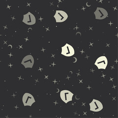 Poster - Seamless pattern with stars, protection mark symbols on black background. Night sky. Vector illustration on black background