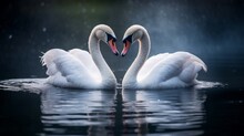 Two swans facing each other in the shape of a heart. Concept of love and romance