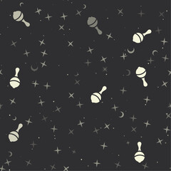 Poster - Seamless pattern with stars, baby rattle symbols on black background. Night sky. Vector illustration on black background
