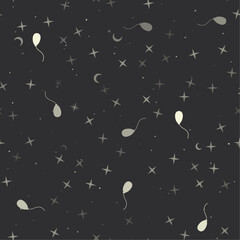 Poster - Seamless pattern with stars, balloon symbols on black background. Night sky. Vector illustration on black background