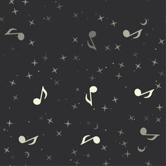 Poster - Seamless pattern with stars, musical note symbols on black background. Night sky. Vector illustration on black background