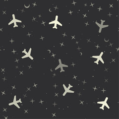 Poster - seamless pattern with stars, plane symbols on black background. night sky. vector illustration on bl