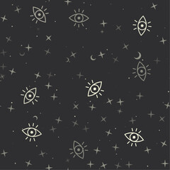 Poster - Seamless pattern with stars, vision symbols on black background. Night sky. Vector illustration on black background