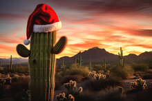 Christmas Cactus Tree With Red Santa Hat Against Desert Background At The Sunset, Copy Space. Cactus As An Alternative For Christmas Tree. Tropical Christmas Mood. Creative Xmas And NY Background