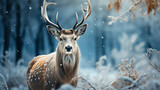 Fototapeta Zwierzęta - Portrait of a red deer in the forest during the snowfall