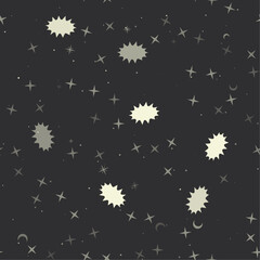 Poster - Seamless pattern with stars, explosion symbols on black background. Night sky. Vector illustration on black background