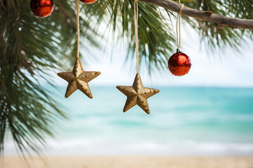 Wall Mural - Gold and red Christmas ornaments on tropical beach. Christmas toys handing on a palm tree against exotic tropic sand beach. Happy holidays and festive celebration concept. Xmas and New Year travels