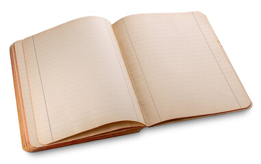 Fototapete - Antique open notebook with lines on pages  yellowed by time, isolated on transparent