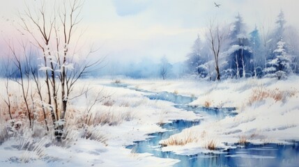 Canvas Print - A watercolor painting of a snowy river