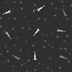  Seamless pattern with stars, sexy woman images on black background. Night sky. Vector illustration on black background