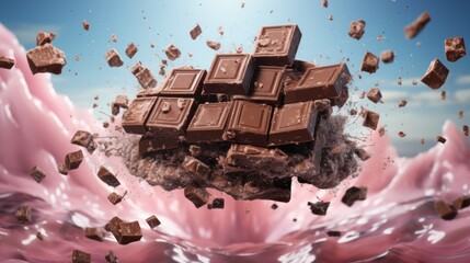 Sticker - A pile of chocolate blocks falling into a pink liquid