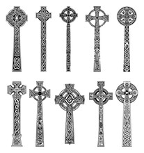 Big Keltic Crosses Silhouettes. Old Scottish Rope Ornamet Celtic Cross Vector Icons, Metal Church Crossed Crucifix Symbols On White