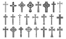 Christian Crosses. Metal Christ Cross Vector Graphics, Jesus Black Religious Crucifix Decorative Collection Signs