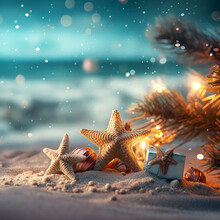 Tropic Christmas Ornaments On Magic Exotic Sandy Beach Against Ocean Background At Golden Hour. Happy Holidays And Festive Celebration Concept. Creative Christmas And New Year Banner With Copy Space