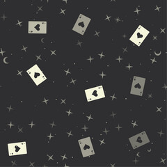 Poster - Seamless pattern with stars, ace of heart cards on black background. Night sky. Vector illustration on black background