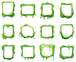 Liquid green slime frames. Empty gooey viscous cadres closeup vector, different zombies style dripping mucus message frame shapes