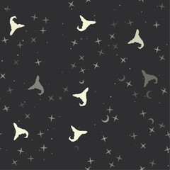 Poster - Seamless pattern with stars, wizard hat symbols on black background. Night sky. Vector illustration on black background