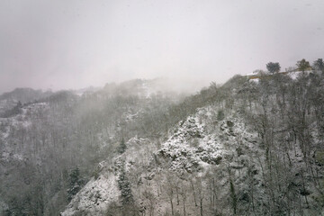 Wall Mural - Aerial foggy landscape with mountain cliffs covered with fresh fallen snow during heavy snowfall in winter mountain forest on cold quiet day