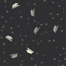 Seamless Pattern With Stars, Wild Bear Symbols On Black Background. Night Sky. Vector Illustration On Black Background