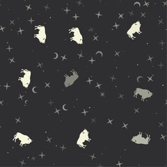 Poster - Seamless pattern with stars, buffalo symbols on black background. Night sky. Vector illustration on black background