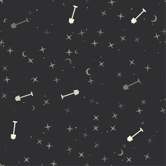 Poster - Seamless pattern with stars, floor lamp symbols on black background. Night sky. Vector illustration on black background