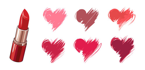Wall Mural - lipsticks drawing hearts. red cartoon lipstick tube and different colors heart. isolated romantic gr