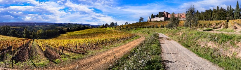 Canvas Print - Italy, scenery of Tuscany. panoramic view of beautiful medieval castle Castello di Brolio in Chianti region surrounded by golden autumn vineyards