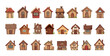 Tiny wooden houses, countryside architecture buildings. Fairytale style home, cute village homes vector icons. Isolated rural house clipart