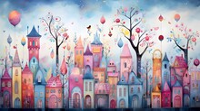 Beautiful Winter Landscape With Colorful Houses, Trees And Hot Air Balloons.