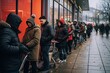 People queue up waiting outside for stores to open for shopping. Sale and discounts, black Friday, shoppers lined up, municipal or other public event
