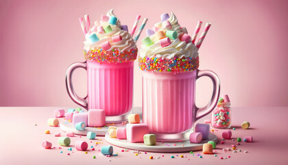 Wall Mural - Pink white chocolate milkshake with whipped cream and colorful marshmallow.Trendy freak or crazy cocktail.