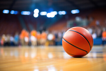 Wall Mural - Orange ball on basketball court with stadium as background. Basketball game championship