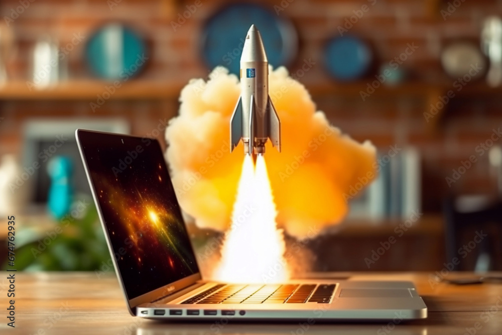 Rocket Launching from Laptop Screen Illustration, Digital Growth ...