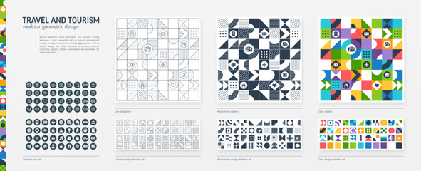 travel, tourism modular geometric design. thin line, black, white and color style pattern. vacation 