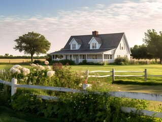 Sticker - An old farm house in the countryside with white picket fence.