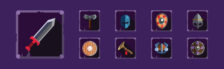Poster - Mobile Game Icon and Object with Medieval Sword, Shield and Helmet Vector Set