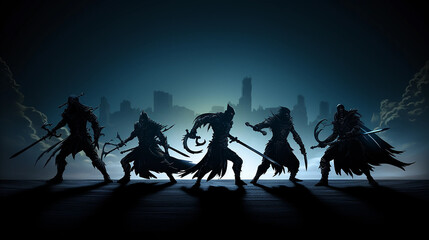 5 fighting shadows ready for battle with plain dark background