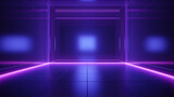 Fototapeta Do przedpokoju - Minimal interior of a dark empty room with purple neon glowing light. Copy space. Generative AI